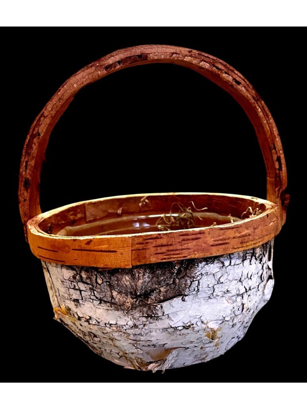 Handcrafted Rustic Birch Bark Basket with Handle Decorative Accent